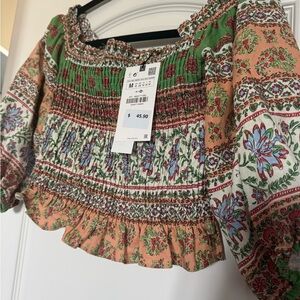 Zara Green and Orange Smocked Crop Blouse